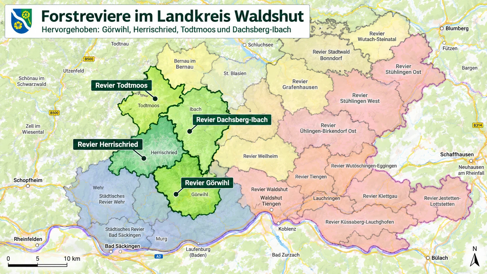 Forstreviere im Landkreis Waldshut mit Hervorhebung der Reviere Goerwihl, Herrischried, Todtmoos und Dachsberg-Ibach